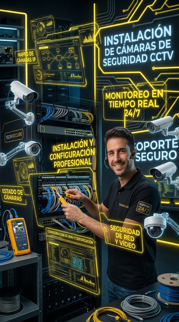 Switch de red con cámaras de seguridad instaladas por TecniSoporte360 en Caracas